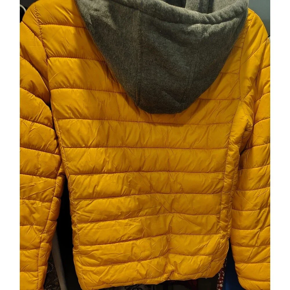 Boys Yellow Puffer Jacket with Gray Hood, Zip Closure, Hooded, Insulated